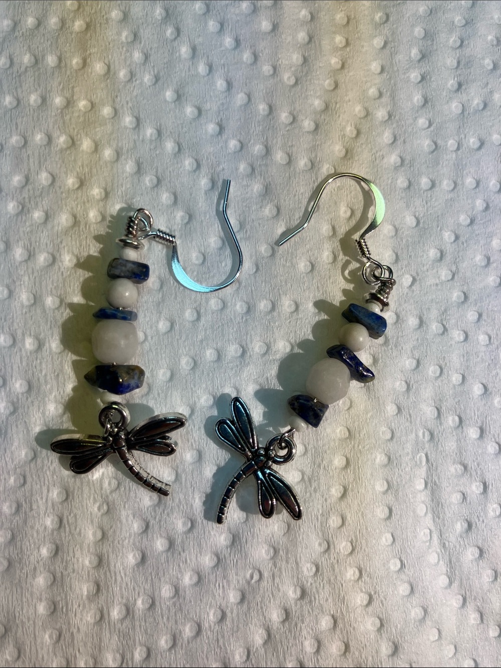 Handmade Blue Lapis, White Stone and Bone Dragonfly Dangle Earrings